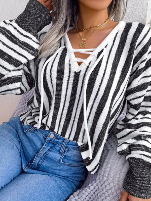 Sweaters- Knitted Stripe V-Neck Drawstring Tie Sweater- - Pekosa Women Clothing