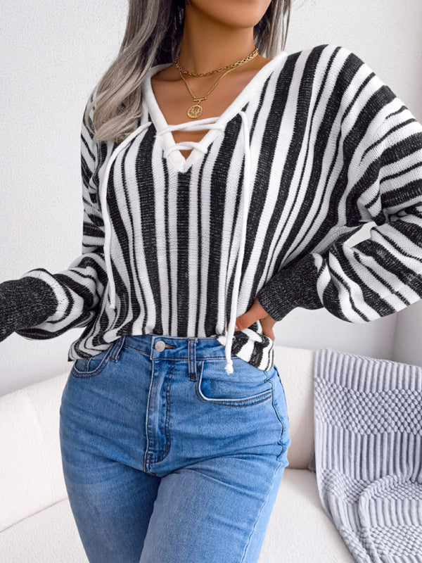 Sweaters- Knitted Stripe V-Neck Drawstring Tie Sweater- - Pekosa Women Clothing