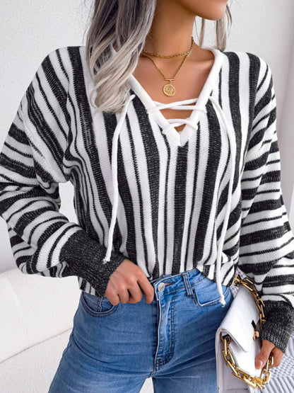 Sweaters- Knitted Stripe V-Neck Drawstring Tie Sweater- - Pekosa Women Clothing