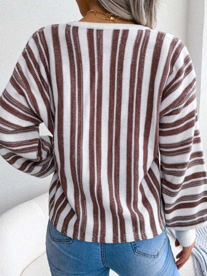 Sweaters- Knitted Stripe V-Neck Drawstring Tie Sweater- Brown- Pekosa Women Clothing