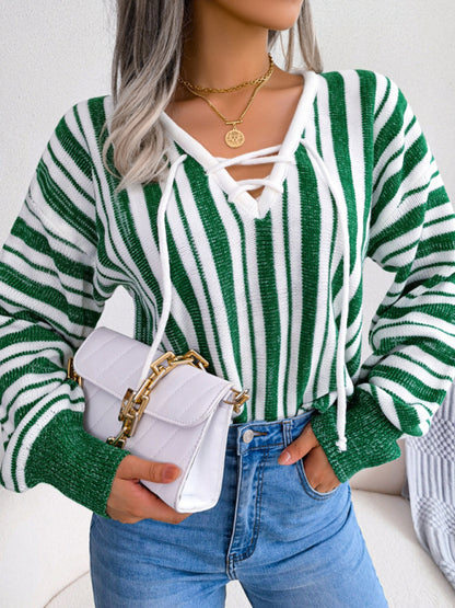Sweaters- Knitted Stripe V-Neck Drawstring Tie Sweater- Green- Pekosa Women Clothing
