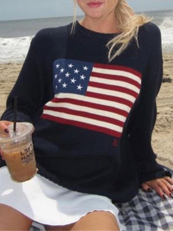 Sweaters- Knitting American Flag Patriot Sweater- Blue- Pekosa Women Clothing