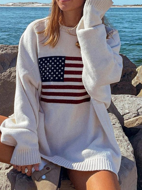 Sweaters- Knitting American Flag Patriot Sweater- White- Pekosa Women Clothing