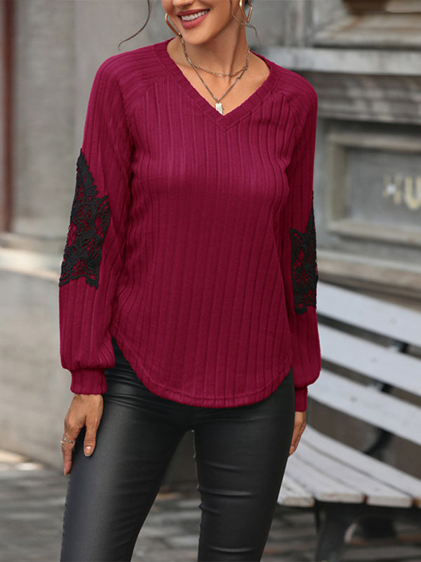 Sweaters- Lace Details V-Neck Raglan Sleeve Ribbed Knit Sweater- Red- Pekosa Women Clothing