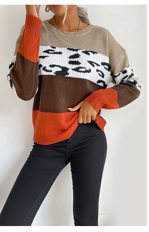 Sweaters- Leopard Color Block Knitted Long Sleeve Pullover Sweater- Coffee- Pekosa Women Clothing