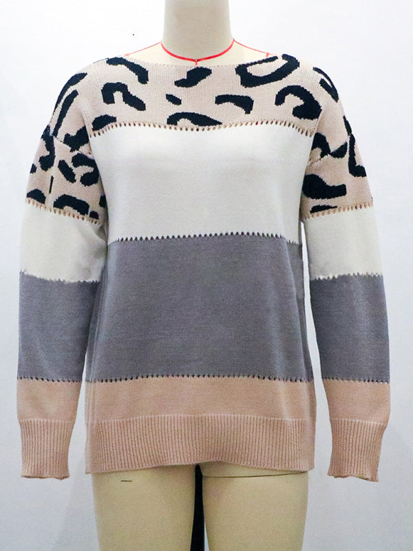 Sweaters- Leopard Knit Patchwork Boat Neck Sweater- - Pekosa Women Clothing