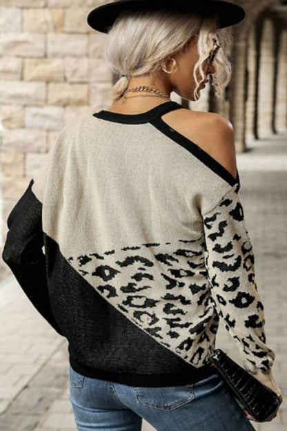 Sweaters- Leopard Knitted Cold Shoulder Sweater- - Pekosa Women Clothing