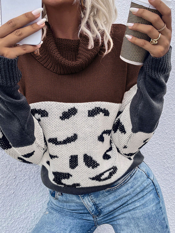 Sweaters- Leopard Knitted Turtle Neck Sweater- - Pekosa Women Clothing