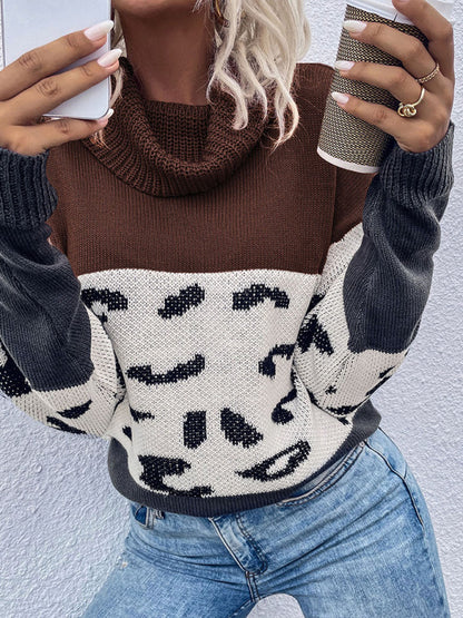 Sweaters- Leopard Knitted Turtle Neck Sweater- - Pekosa Women Clothing