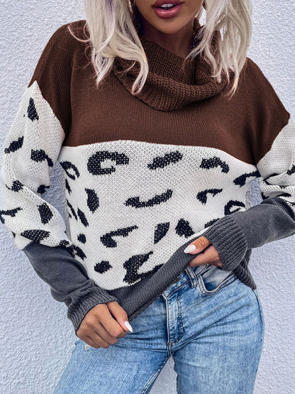 Sweaters- Leopard Knitted Turtle Neck Sweater- Coffee- Pekosa Women Clothing