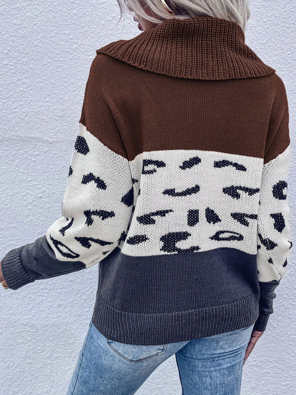 Sweaters- Leopard Knitted Turtle Neck Sweater- - Pekosa Women Clothing