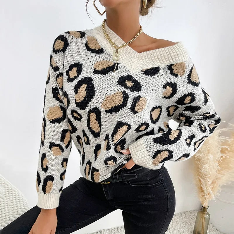 Sweaters- Leopard Knitted V Neck Sweater: Stylish Knitwear for Fall/Winter- - Pekosa Women Clothing