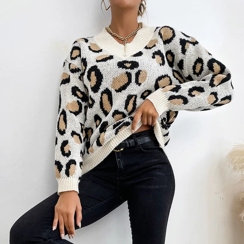 Sweaters- Leopard Knitted V Neck Sweater: Stylish Knitwear for Fall/Winter- - Pekosa Women Clothing