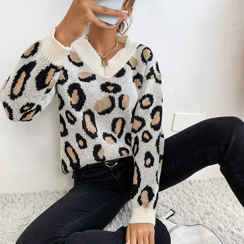 Sweaters- Leopard Knitted V Neck Sweater: Stylish Knitwear for Fall/Winter- Leopard- Pekosa Women Clothing