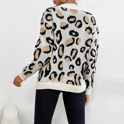 Sweaters- Leopard Knitted V Neck Sweater: Stylish Knitwear for Fall/Winter- - Pekosa Women Clothing