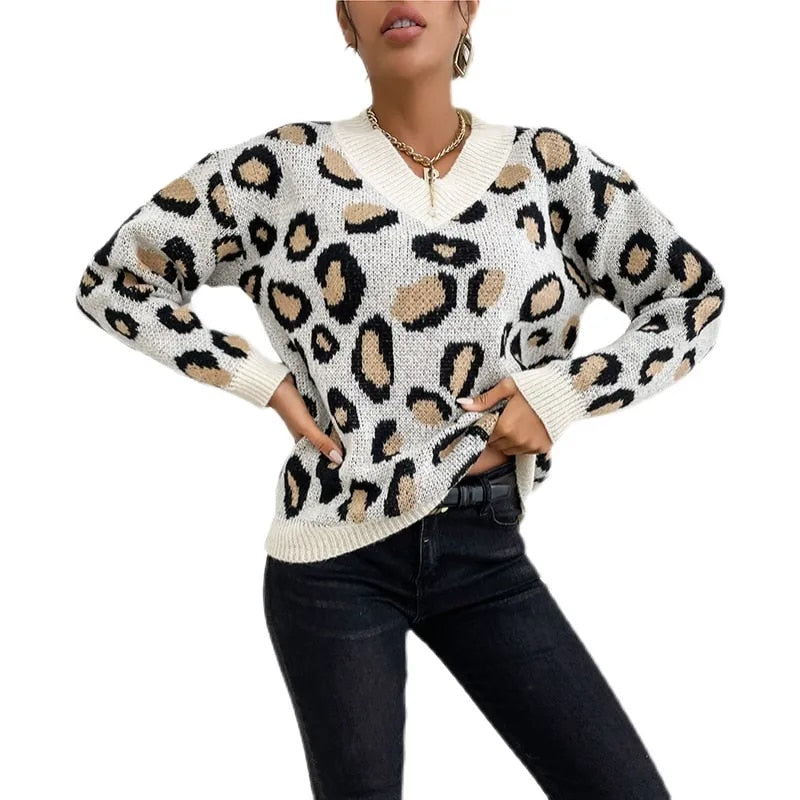 Sweaters- Leopard Knitted V Neck Sweater: Stylish Knitwear for Fall/Winter- - Pekosa Women Clothing