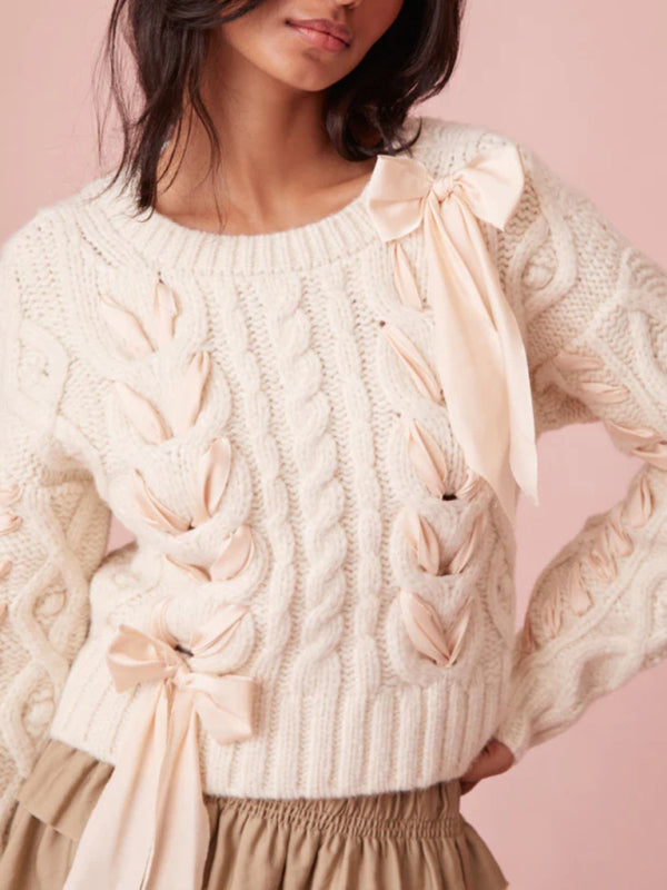 Sweaters- Lovely Knot Romantic Cable Knit Braid Bow Crop Sweater- - Pekosa Women Clothing