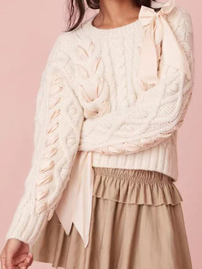 Sweaters- Lovely Knot Romantic Cable Knit Braid Bow Crop Sweater- White- Pekosa Women Clothing