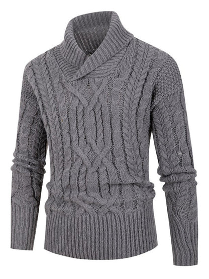 Sweaters- Men's Cable Knitting Turtleneck Sweater- Grey- Pekosa Women Clothing