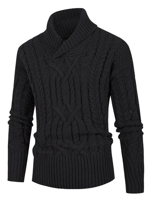 Sweaters- Men's Cable Knitting Turtleneck Sweater- Black- Pekosa Women Clothing