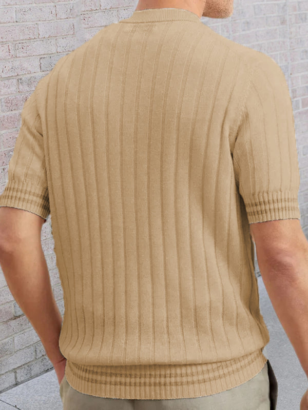 Sweaters- Men's Ribbed Knit Henley Short Sleeve Sweater- - Pekosa Women Clothing