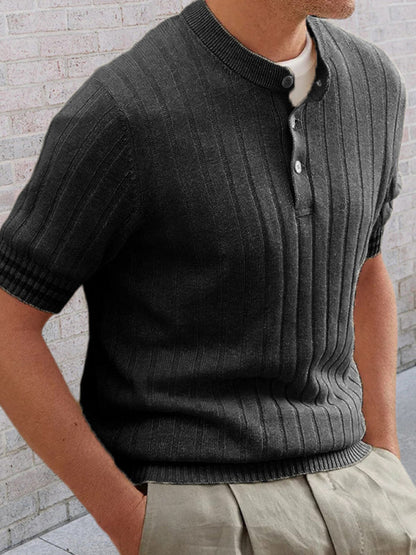 Sweaters- Men's Ribbed Knit Henley Short Sleeve Sweater- Black- Pekosa Women Clothing