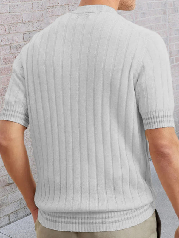 Sweaters- Men's Ribbed Knit Henley Short Sleeve Sweater- - Pekosa Women Clothing