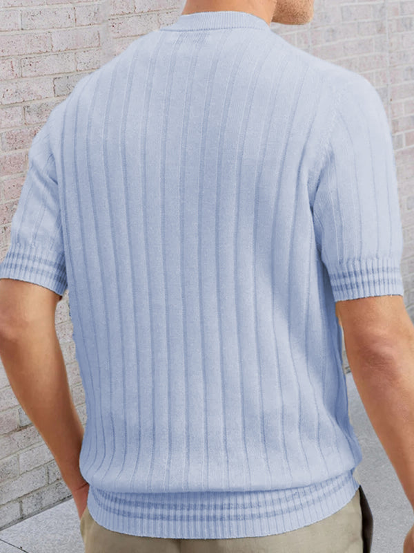 Sweaters- Men's Ribbed Knit Henley Short Sleeve Sweater- - Pekosa Women Clothing