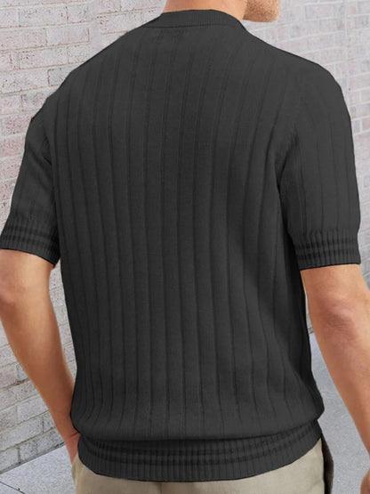 Sweaters- Men's Ribbed Knit Henley Short Sleeve Sweater- - Pekosa Women Clothing