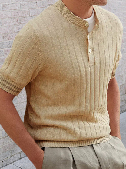 Sweaters- Men's Ribbed Knit Henley Short Sleeve Sweater- Khaki- Pekosa Women Clothing