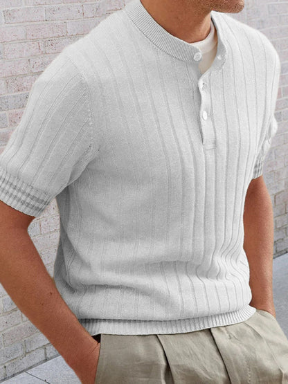 Sweaters- Men's Ribbed Knit Henley Short Sleeve Sweater- Grey- Pekosa Women Clothing