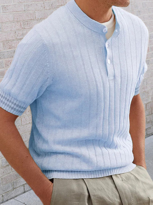 Sweaters- Men's Ribbed Knit Henley Short Sleeve Sweater- Blue- Pekosa Women Clothing