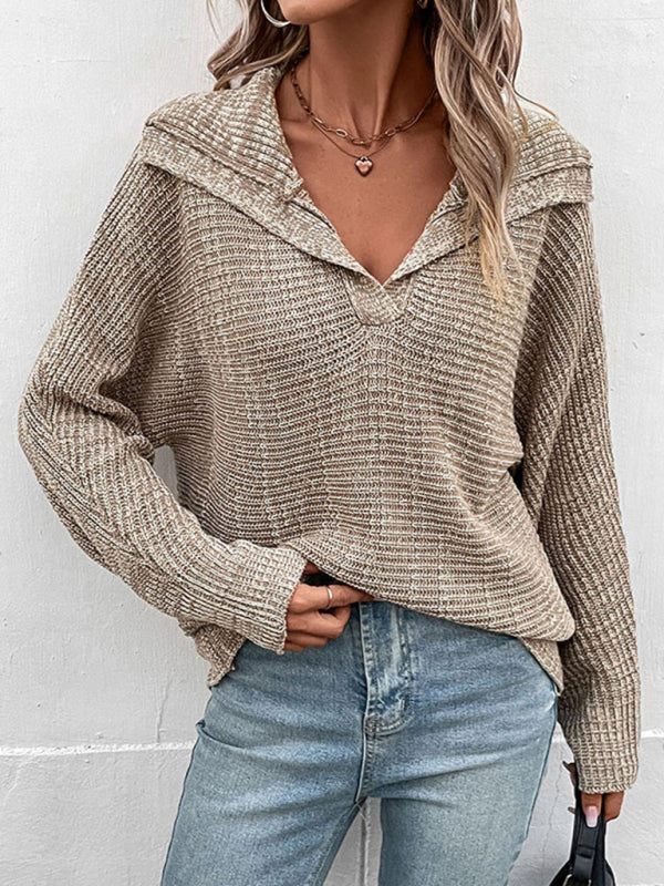 Sweaters- Notch Collar Knit Sweater - Drop Shoulders Pullovers- - Pekosa Women Clothing