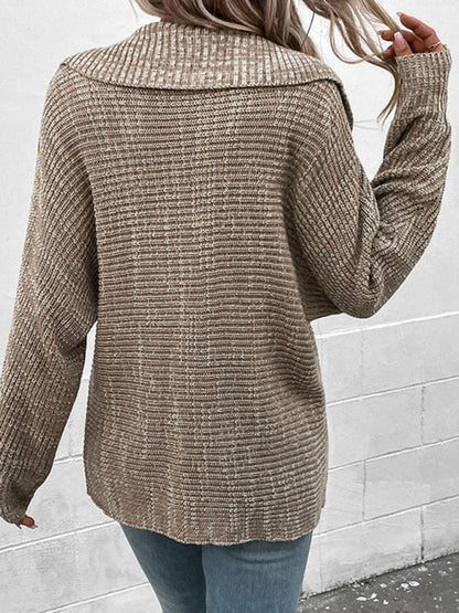 Sweaters- Notch Collar Knit Sweater - Drop Shoulders Pullovers- - Pekosa Women Clothing