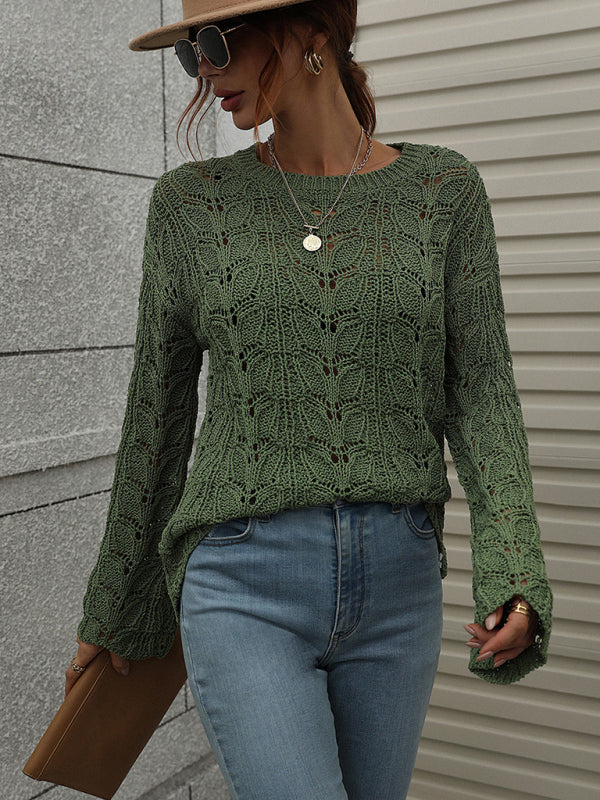 Sweaters- Open Crochet Bell Sleeve Sweater: Feminine Elegance, Fall/Winter- - Pekosa Women Clothing