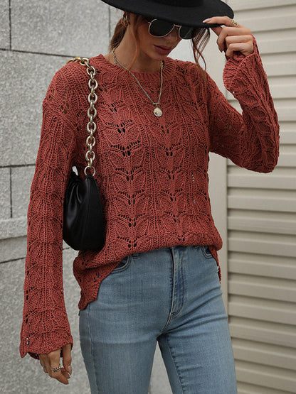 Sweaters- Open Crochet Bell Sleeve Sweater: Feminine Elegance, Fall/Winter- - Pekosa Women Clothing