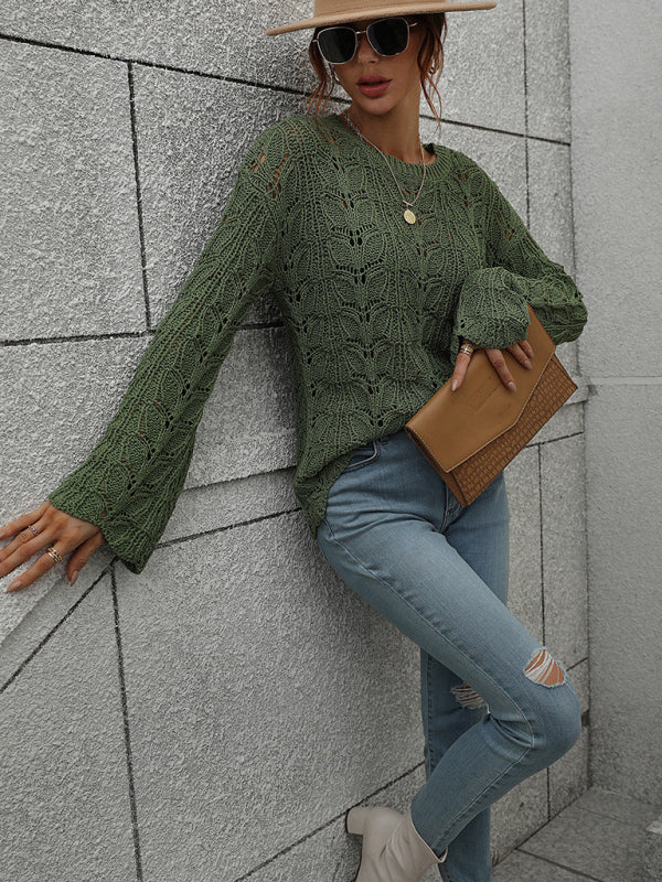 Sweaters- Open Crochet Bell Sleeve Sweater: Feminine Elegance, Fall/Winter- - Pekosa Women Clothing