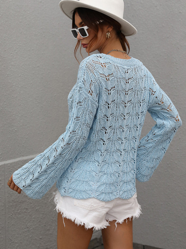 Sweaters- Open Crochet Bell Sleeve Sweater: Feminine Elegance, Fall/Winter- - Pekosa Women Clothing