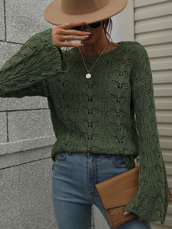 Sweaters- Open Crochet Bell Sleeve Sweater: Feminine Elegance, Fall/Winter- - Pekosa Women Clothing