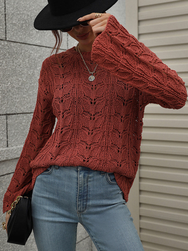 Sweaters- Open Crochet Bell Sleeve Sweater: Feminine Elegance, Fall/Winter- - Pekosa Women Clothing