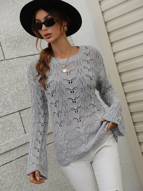 Sweaters- Open Crochet Bell Sleeve Sweater: Feminine Elegance, Fall/Winter- - Pekosa Women Clothing