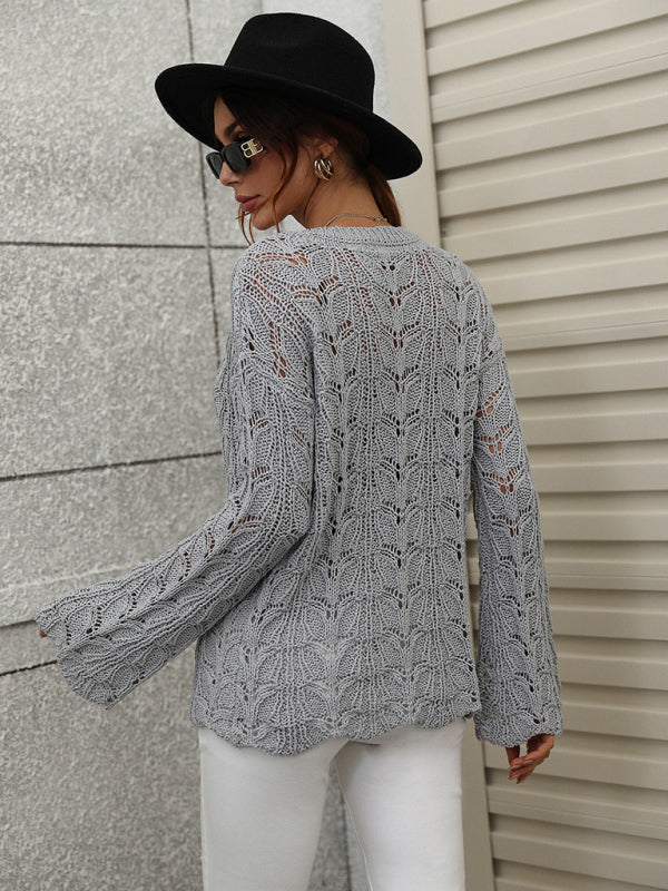 Sweaters- Open Crochet Bell Sleeve Sweater: Feminine Elegance, Fall/Winter- - Pekosa Women Clothing