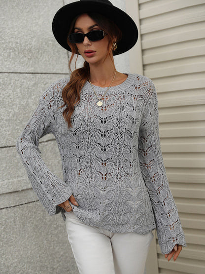 Sweaters- Open Crochet Bell Sleeve Sweater: Feminine Elegance, Fall/Winter- Grey- Pekosa Women Clothing