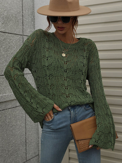 Sweaters- Open Crochet Bell Sleeve Sweater: Feminine Elegance, Fall/Winter- Green- Pekosa Women Clothing