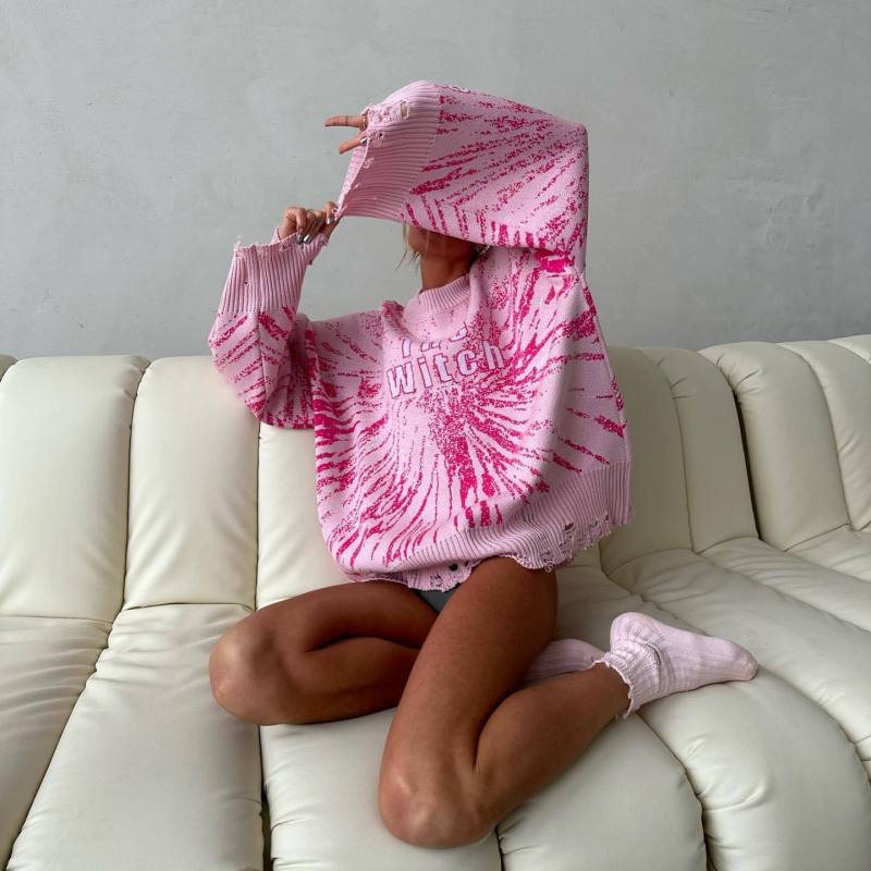 Sweaters- Oversized Distressed Knit Sweater- Pink- Pekosa Women Clothing