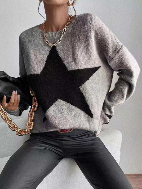 Sweaters- Oversized Star Knit Drop Shoulder Sweater Jumper- - Pekosa Women Clothing