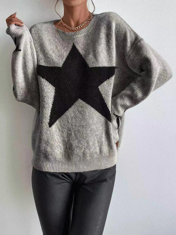 Sweaters- Oversized Star Knit Drop Shoulder Sweater Jumper- - Pekosa Women Clothing