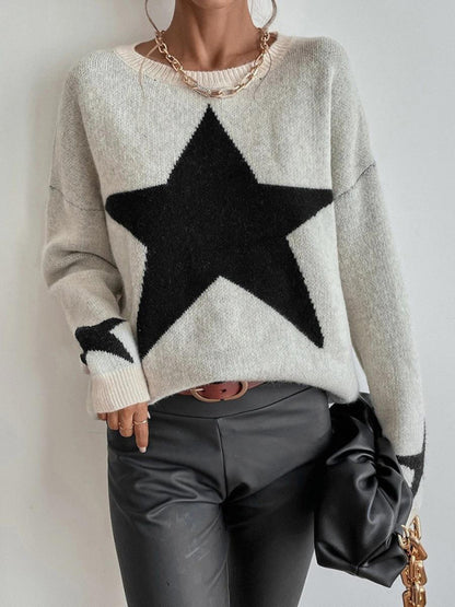 Sweaters- Oversized Star Knit Drop Shoulder Sweater Jumper- - Pekosa Women Clothing