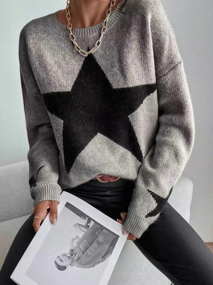 Sweaters- Oversized Star Knit Drop Shoulder Sweater Jumper- - Pekosa Women Clothing