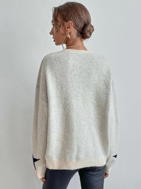 Sweaters- Oversized Star Knit Drop Shoulder Sweater Jumper- - Pekosa Women Clothing